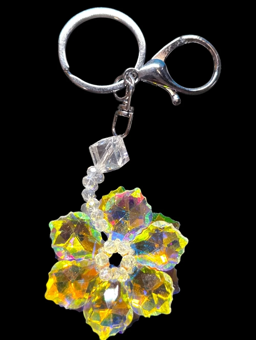 Crystal Flower Bag Charm Keychain with Silver Clip